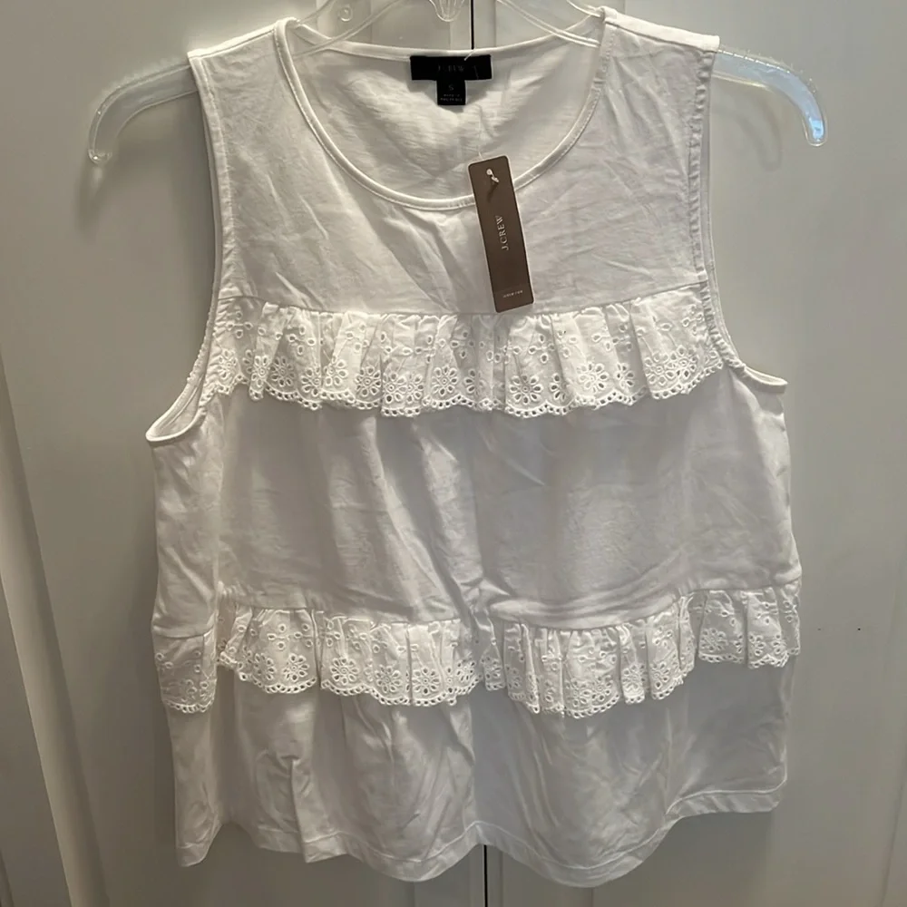 NWT J.CREW White Tiered Eyelet Ruffle Tank Top Shirt Sleeveless S